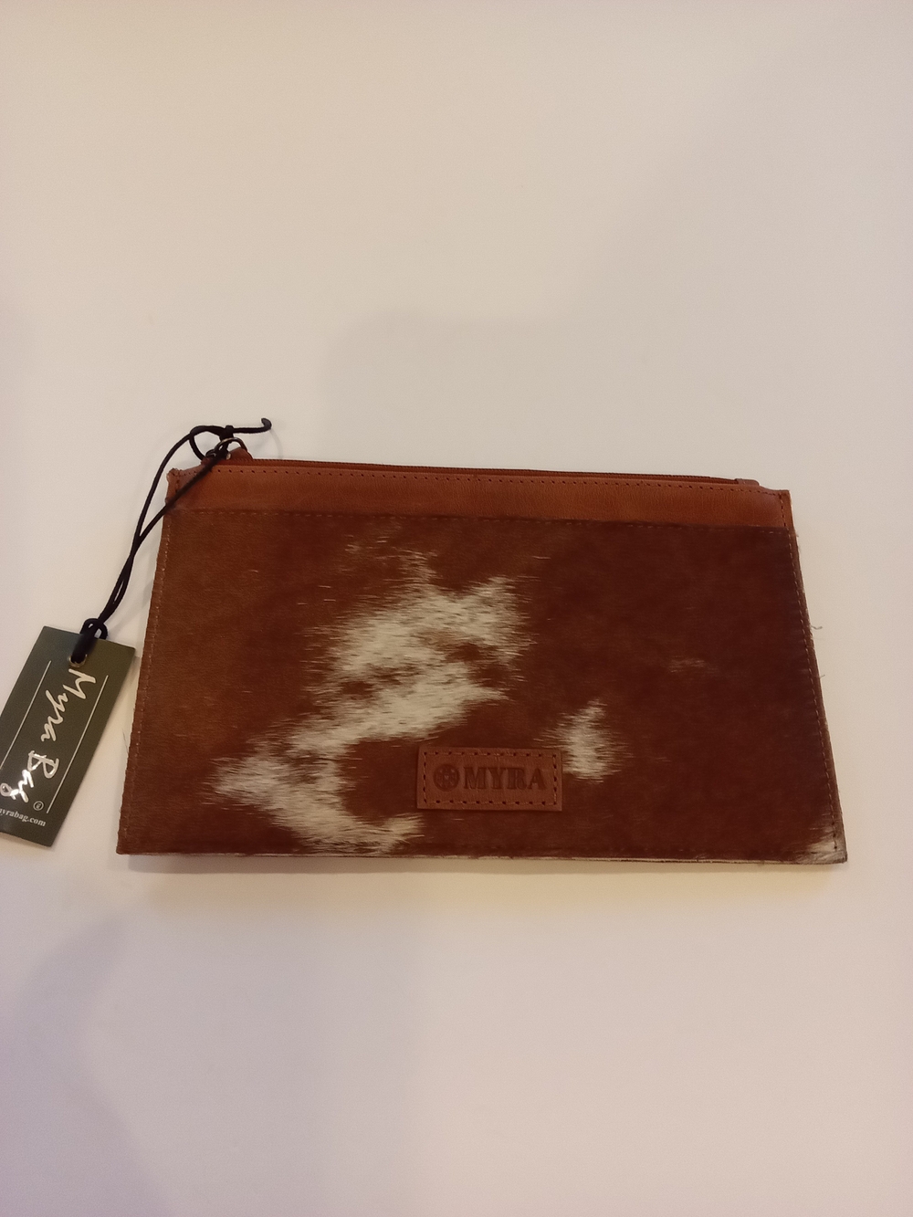 Myra Bag Handheld Brown & White Hair-On Leather Zip Small Wallet NWT